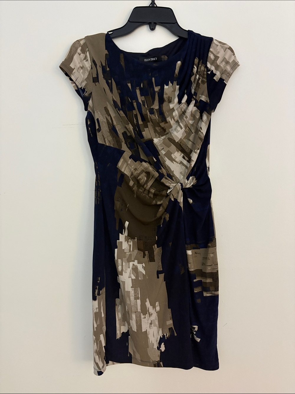Ellen Tracy Navy and Taupe Abstract Knot-Detail Dress